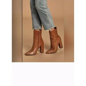 Lulus Womens Dawson Tan Crocodile Pointed Toe Mid Calf Boots Size 8